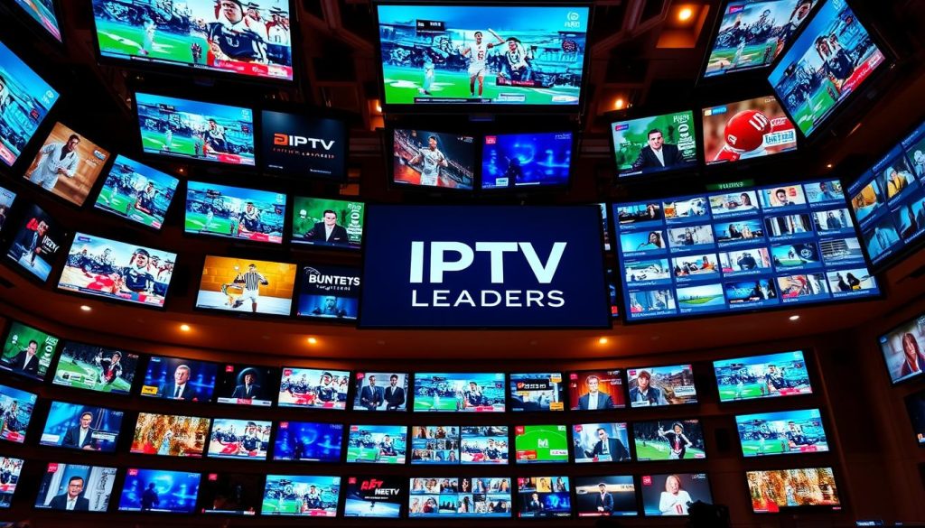 A sprawling media hub with rows of high-definition television screens, each displaying a diverse array of live channels. In the foreground, the Iptv Leaders brand prominently features, its sleek interface offering a comprehensive channel selection and content library. Warm lighting illuminates the scene, creating a professional and inviting atmosphere. The camera angle captures the depth and scale of the iptv streaming setup, showcasing the cutting-edge technology that Iptv Leaders provides to its customers. The overall impression conveys a sense of advanced, reliable, and user-friendly iptv service.