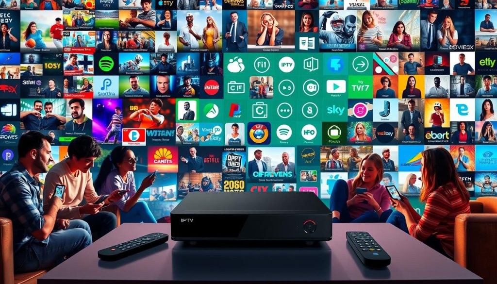 A vibrant collage of diverse IPTV content, showcasing a wide array of entertainment options. In the foreground, a group of people enjoying a variety of digital channels on their smart devices, from live sports and news to movies and TV shows. In the middle ground, a sleek, modern IPTV set-top box surrounded by remote controls and other connected devices, highlighting the seamless integration of IPTV technology. In the background, a dynamic array of icons and graphics representing the breadth of IPTV's content library, including genres such as comedy, drama, documentary, and more. The scene is illuminated by a warm, inviting lighting scheme, conveying the convenience and flexibility of IPTV service compared to traditional cable.